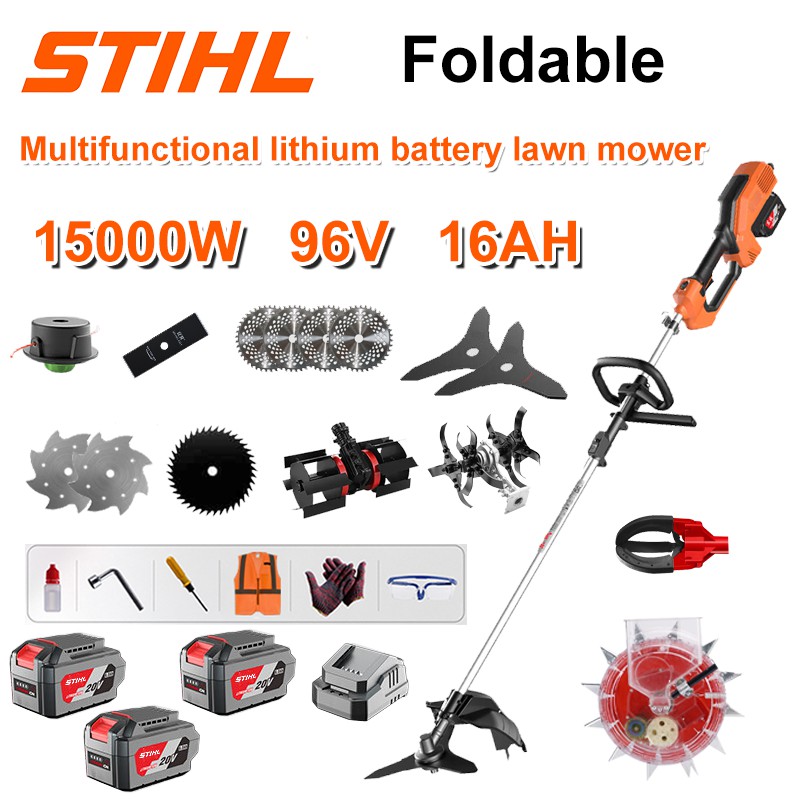 Kosilica za travu bez četkica od 15000 W + 96 V/16AH litijska baterija * 3 + oštrica kružne pile * 4 + ravna oštrica pile + disk za plijevljenje + konop za plijevljenje * 20 + oštrica s tri oštrice * 2 + čelična oštrica pile + oštrica od legure * 2 + glava za plijevljenje + Glava za plug + Original dupli brzi punjač + glava za branje voća + glava za sjetvu + ostali dodaci + garancija deset godina